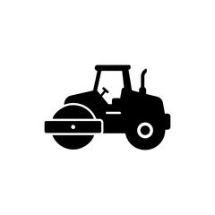 Black Icon of Road Roller Machine in Flat Silhouette Design