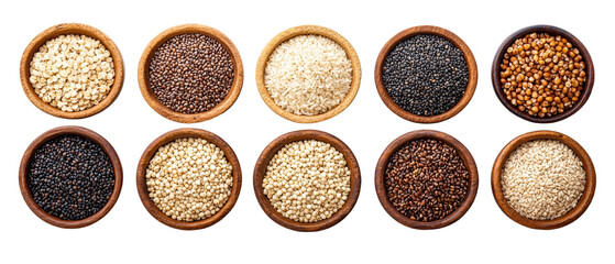 Variety of healthy legumes grains and seeds in wooden bowls