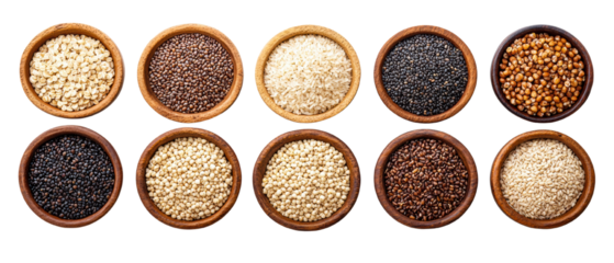 Variety of healthy legumes grains and seeds in wooden bowls