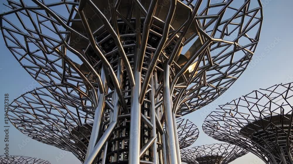 Aufkleber exploring futuristic tree-like structures in a vibrant city at sunset