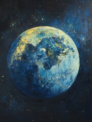 Fototapeta premium Artistic Impression of a Distant Planet in Deep Space with Swirling Blue and Yellow Hues Oil Painting Style