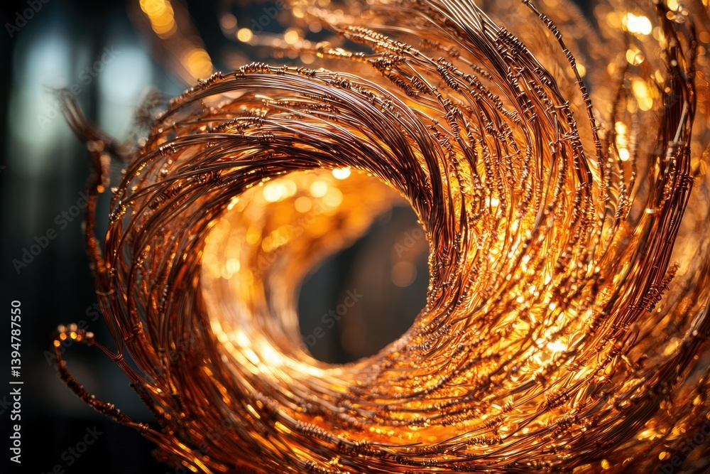 Poster intricate copper wire sculpture forming a mesmerizing swirling vortex, illuminated from within.