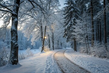 Naklejka premium Winter wonderland: a snowy forest path, picturesque trees, and a snow-covered trail beckon.