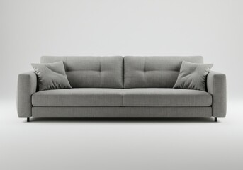 Fototapeta premium A gray sofa with two cushions sits on a white background in a studio setting with good lighting isolated on white background