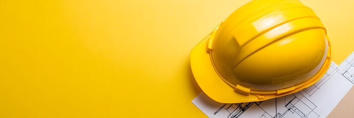 A professional construction background with a yellow hard hat and architectural blueprint  long title This image depicts a professional construction