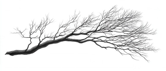 Fototapeta premium Dramatic monochrome drawing of a bare tree branch with intricate detail against a stark white background artistic rendering nature concept