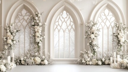 Elegant and spacious white room decorated with floral arrangements and windows