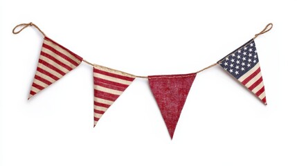Obraz premium Patriotic bunting with red and white striped and blue star patterned triangle flags on twine against a white background.
