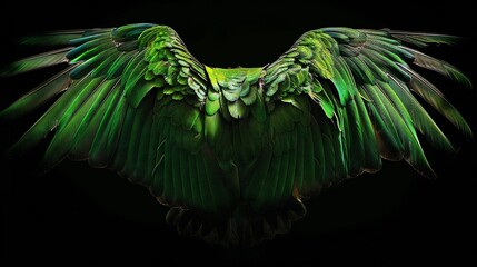 Parrot wings in emerald and lime tones, dramatic side-light photo with clarity, depth and soft feather structure
