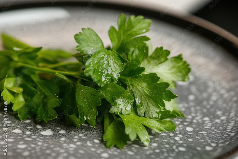 Poster fresh parsley arranged neatly on a textured plate ready for culinary use in a kitchen setting
