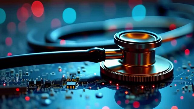 A close-up of a stethoscope resting on a circuit board, symbolizing the intersection of healthcare and technology
