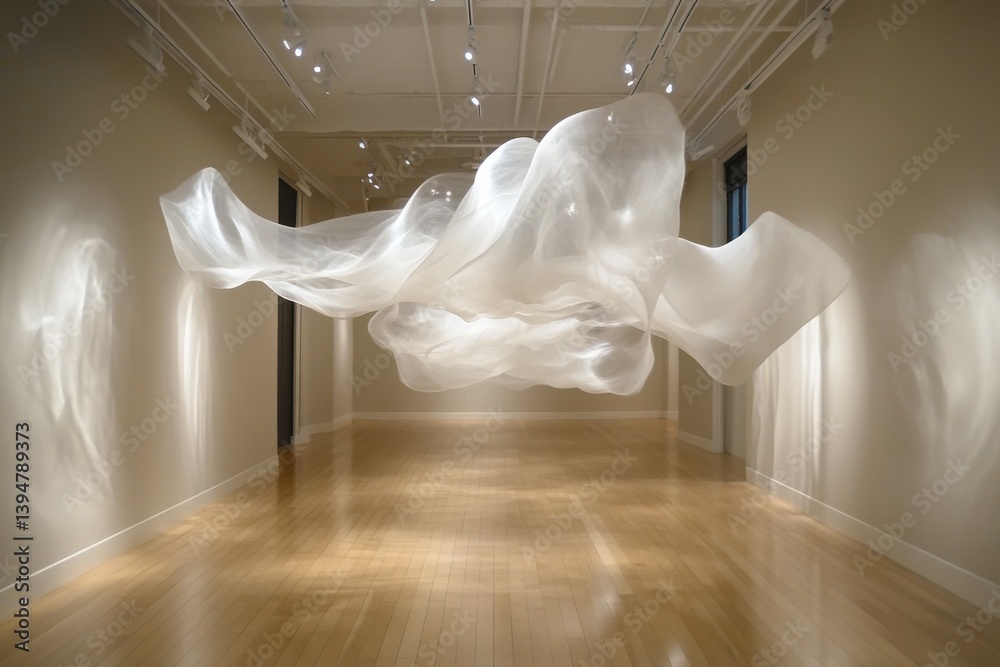 Poster art installation featuring flowing translucent material suspended in a spacious gallery during dayli
