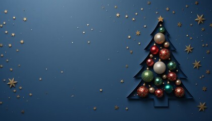 Fototapeta premium Elegant Christmas Tree Paper Cutout with Festive Decorations blue background, wishing Card or Wallpaper. Ai Generative