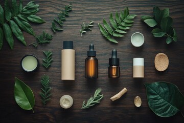 Natural skincare products arranged on a wooden surface with various greenery for a holistic beauty theme
