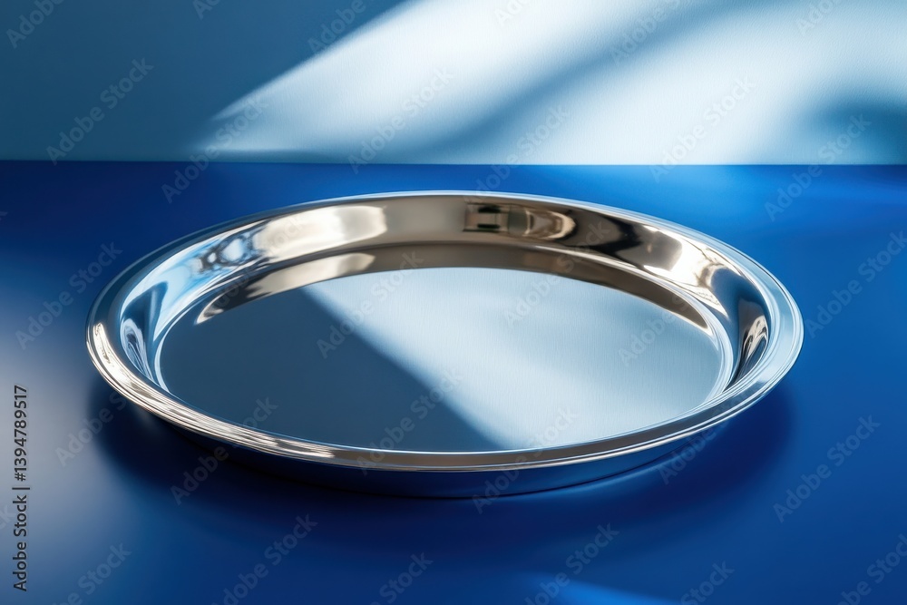 Poster reflective metal tray on blue surface showcasing light and shadow patterns