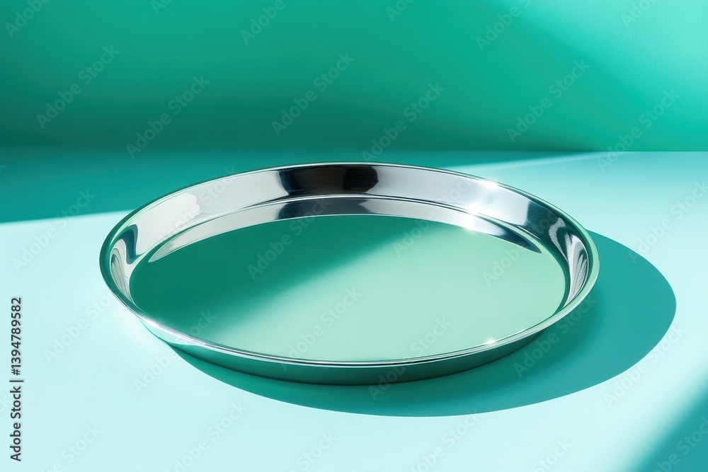 Poster metal tray resting on a vibrant turquoise background while sunlight casts soft shadows in a minimali