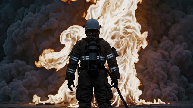 Firefighter silhouette against powerful fire tornado formation