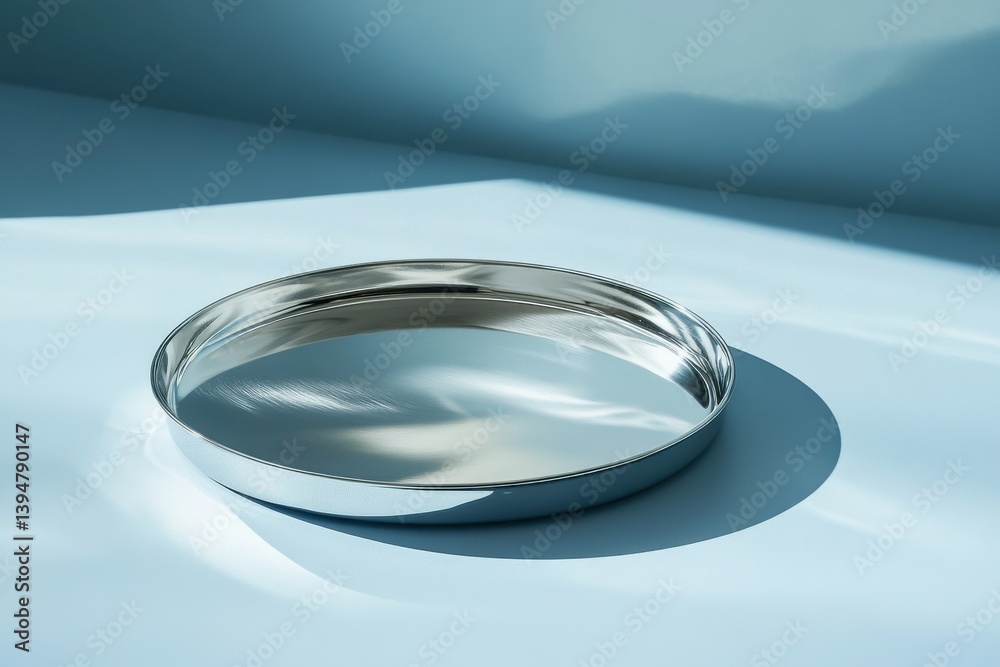 Poster reflective metal tray on a smooth surface illuminated by soft natural light