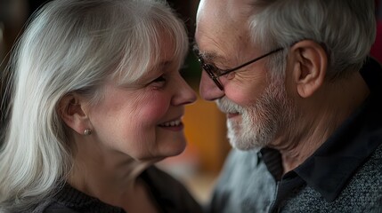 An elderly couple shares an intimate moment, their faces close as they look into each other's eyes, showing love and connection through time.
