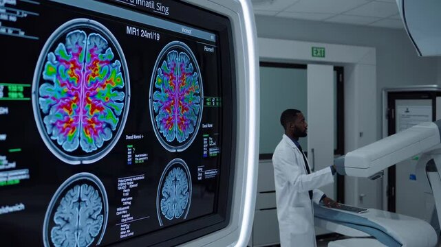 Medical professional analyzes brain imaging data at advanced research facility in a high-tech environment