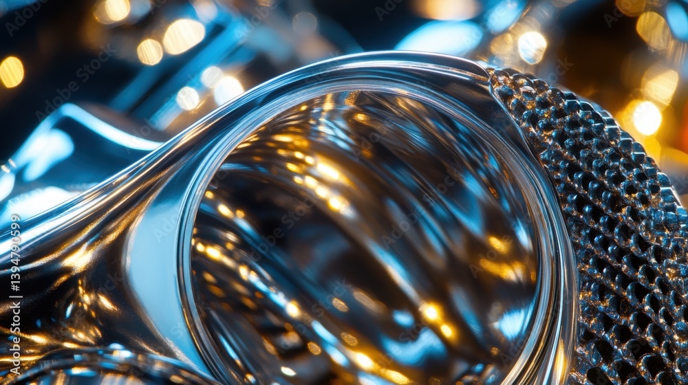 Poster captivating macro shot of a reflective metal object with a textured surface against a bokeh light ba