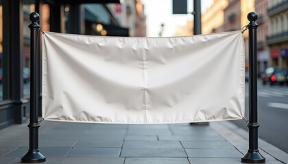 Horizontal banner mockup. Horizontal blank banner mockup on city sidewalk near modern buildings