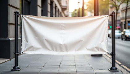 Horizontal banner mockup. Large white fabric banner stretched between poles on city pavement