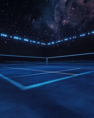 Obraz premium Mystical Tennis Court Under Starry Night Sky Capturing the Serene Ambiance of a Dreamlike Sporting Venue with Blue Color Palette and Arena Lights