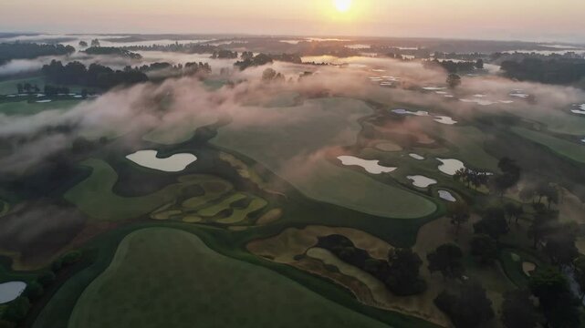 Misty morning aerial view of golf course with dramatic fog patterns