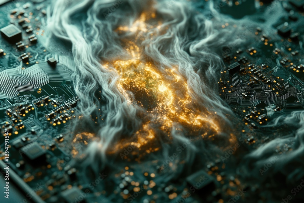 Poster Abstract image of a circuit board with smoke and golden particles, representing data flow and processing.
