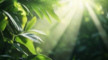 Fototapeta premium Sunbeams filtering through lush green leaves, creating a vibrant and tranquil forest scene. Soft lighting and detailed foliage.