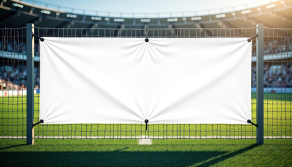 Fototapeta premium Horizontal banner mockup. Horizontal banner mockup on metal fence in empty sports stadium