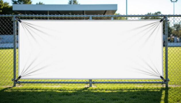 Horizontal banner mockup. Horizontal banner mockup on metal fence in empty sports stadium