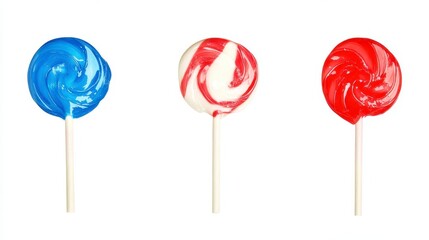 Three vibrant swirl lollipops in blue, red and white, on white background. Delicious candy treat image.