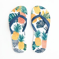 Pair of summer flip flops with pineapple and tropical leaf design, navy blue straps, on white background. 