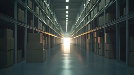 Obraz premium Aisle view in a distribution warehouse setting showcasing rows of shelves containing packed carton boxes, and a bright exit door at the end.