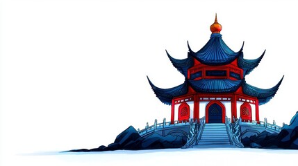 Pixel Art East Asian Pagoda on Rocky Outcrop