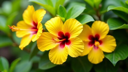 Fototapeta premium Three Vibrant Yellow Hibiscus Blossoms Close-Up