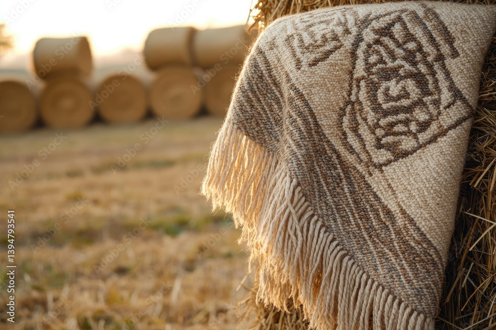 Poster a beige woolen throw blanket with a pattern rests on a hay bale in a field at sunset.