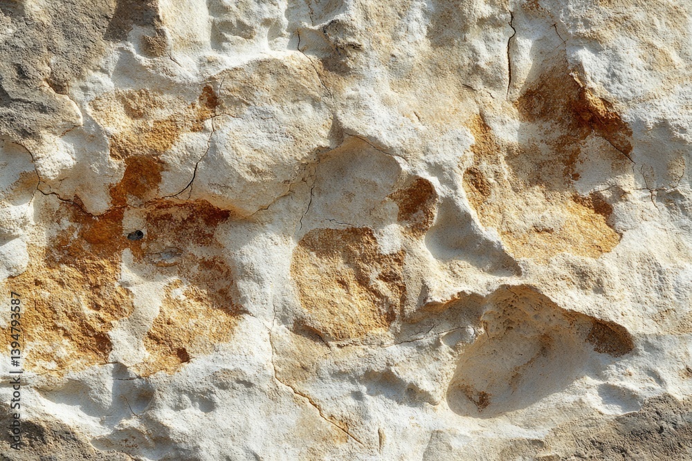 Poster close-up view of weathered, light-colored rock surface with patches of orange-brown discoloration an