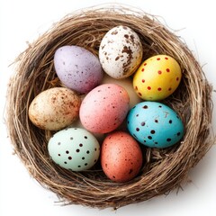 Obraz premium Collection of colorful eggs arranged nicely in a birds nest isolated on white background
