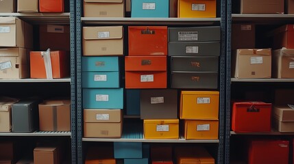 Shelves filled with colorful boxes, containing documents and items, are carefully organized in a storage or archive room.