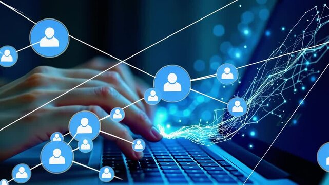 Person typing on a laptop with digital connections and icons representing networking and communication