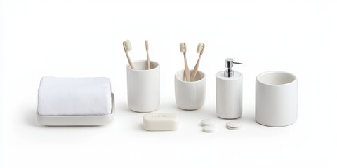 Naklejka premium White ceramic bathroom accessories set against a white background. Includes toothbrush holders, soap dish, and dispenser.