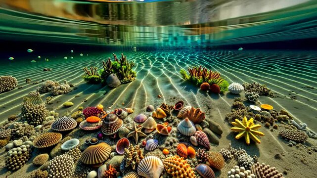 Tropical beach scene with a large collection of shells underwater 4K