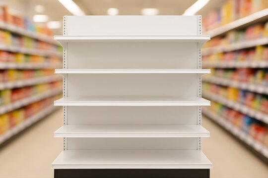 Empty Supermarket Shelves Awaiting Restocking Offers a minimalist presentation of an aisle endcap with shelves ready to be filled with products.