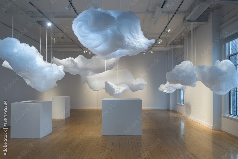 Poster floating cloud sculptures create an ethereal atmosphere in contemporary art gallery