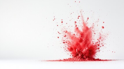 Red Powder Explosion Minimalist Studio Style High-resolution Freeze Frame Vertical Full Shot Fine Texture Detail Energy Release White Background Vivid Crimson Hues Ideal for Cosmetics Ads