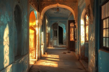 Fototapeta premium Beautiful Haveli Interior in Rajasthan with Hand-Painted Walls and Arches