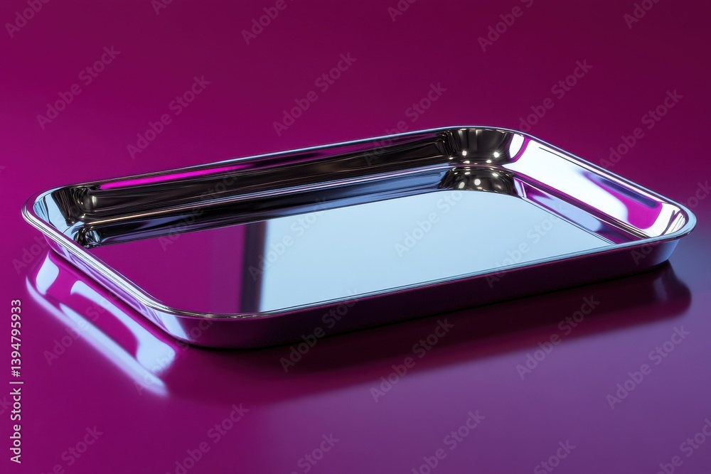 Poster Bright metallic tray rests on colorful background showcasing its smooth surface and reflections in a modern setting
